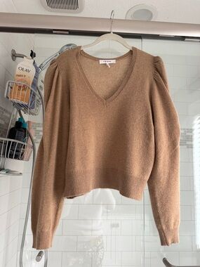 Frame Cashmere Camel V-Neck Puff Sleeve Sweater